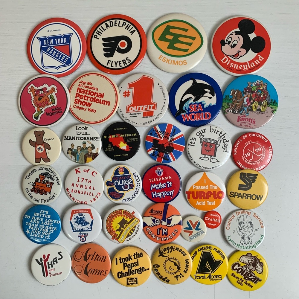 Vintage 70s 80s Pinback Buttons Lot of 34